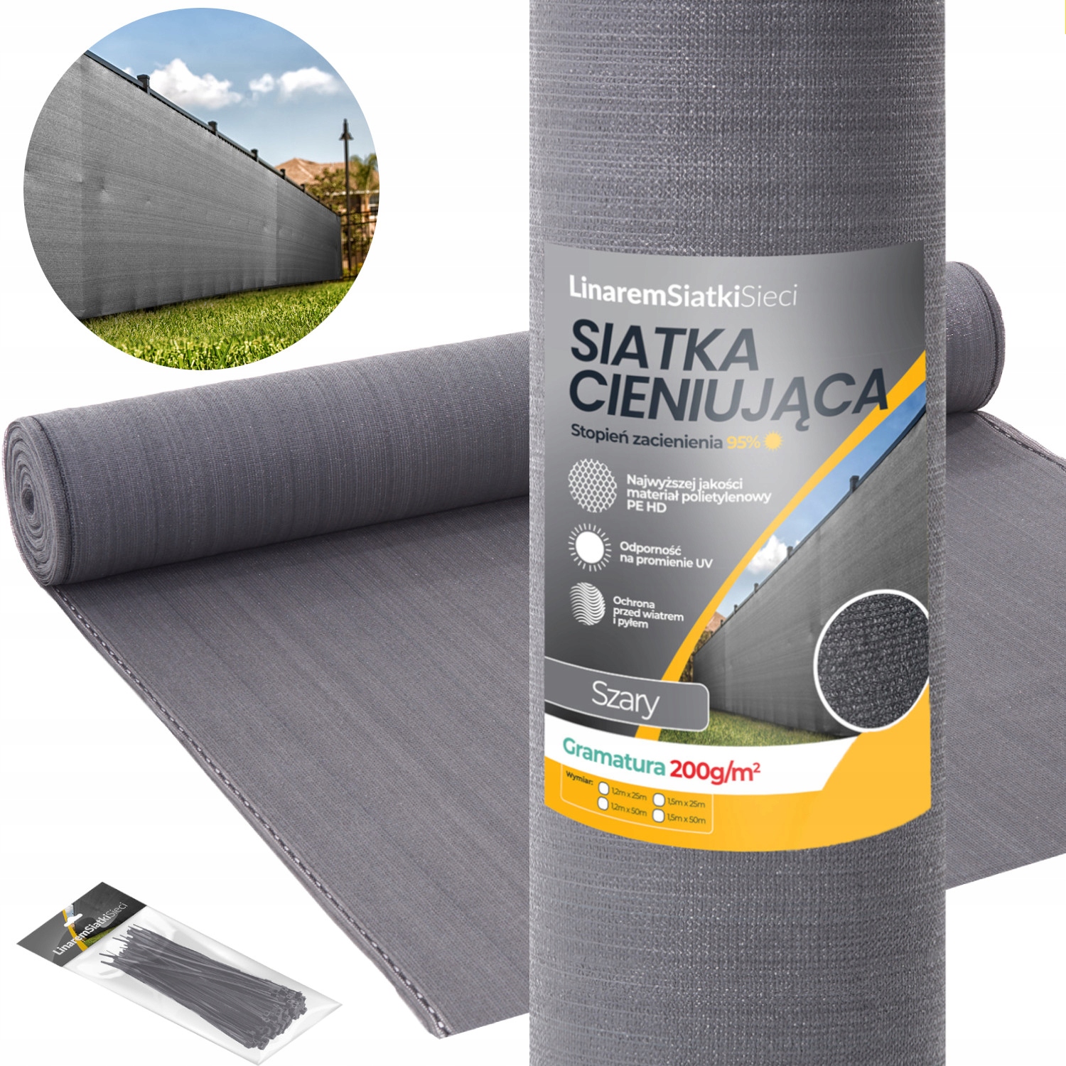 Tieniaca sieť Linarem SiatkiSieci 95% 1,5x25 m sivá